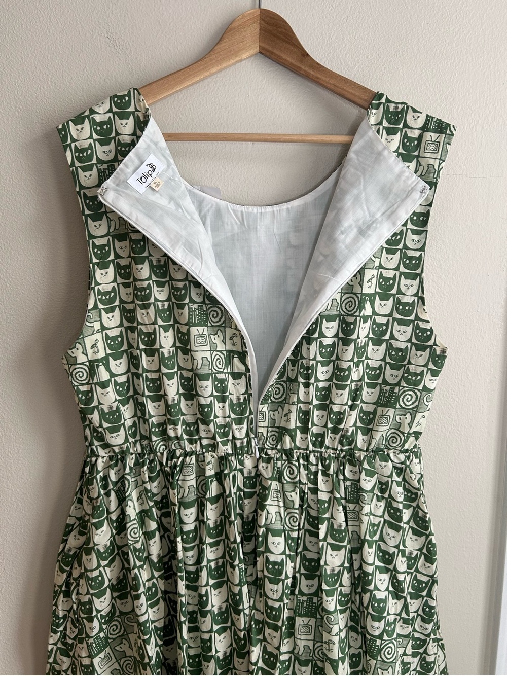 NWT Tulip B Vintage A Line Whimsical Green Cat Novelty Print Midi Dress Size XL - Picture 9 of 10